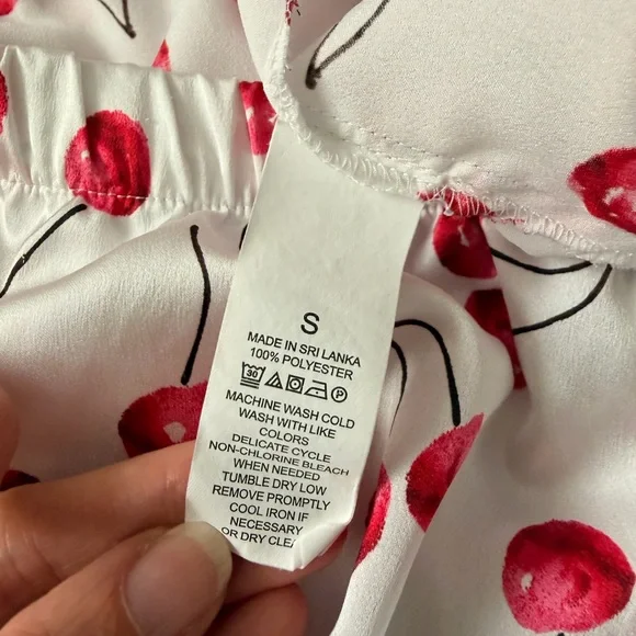 kate spade Cherry Print Satin Feel Pajama Set in Red and White with Black Trim - Picture 16 of 16